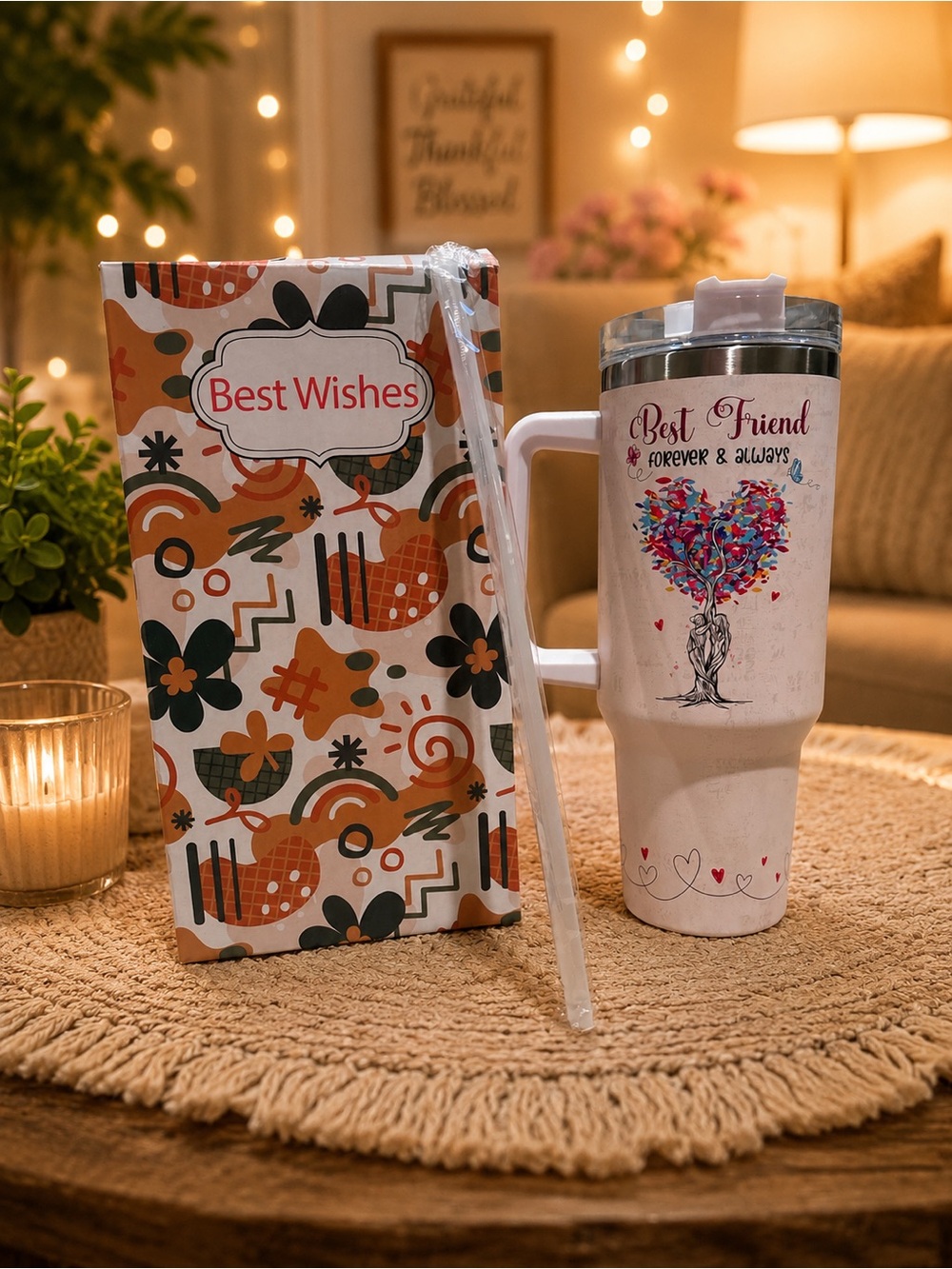 Best Friend White Travel Tumbler with Heart Tree Design 40 oz NIB